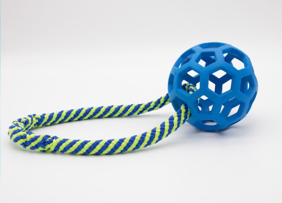 Blauer Gitterball mit Seil in grün-blau