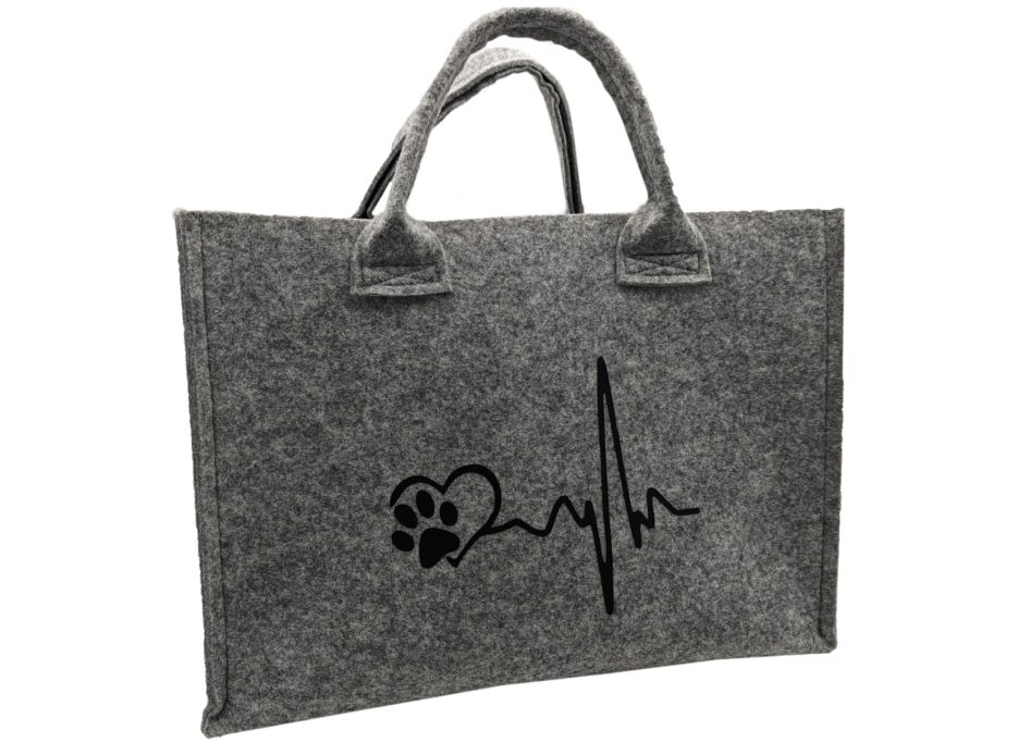 Graue Tasche mit Pfoten- und Herzschlag-Motiv.